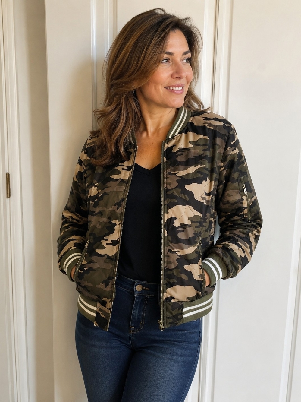 Rue21 Green Camo Bomber Jacket with Striped Trim